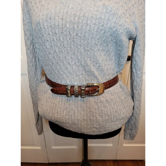 Accessories - Emnon Belt Italian Calfskin Leather Croc Embossed Brown Belt Silver Hardware M